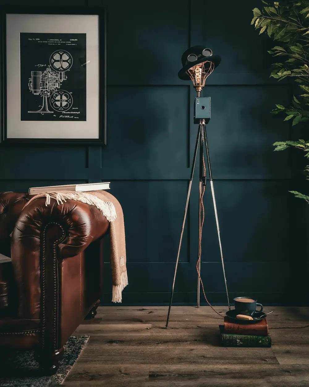 A slim steel tripod floor lamp beside a dark panelled wall and a leather sofa